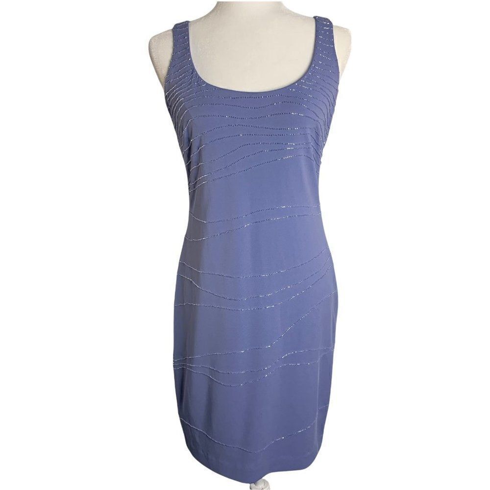 Vintage David Meister Beaded Sheath Dress 6 Purple Sleeveless Knee Length Zip